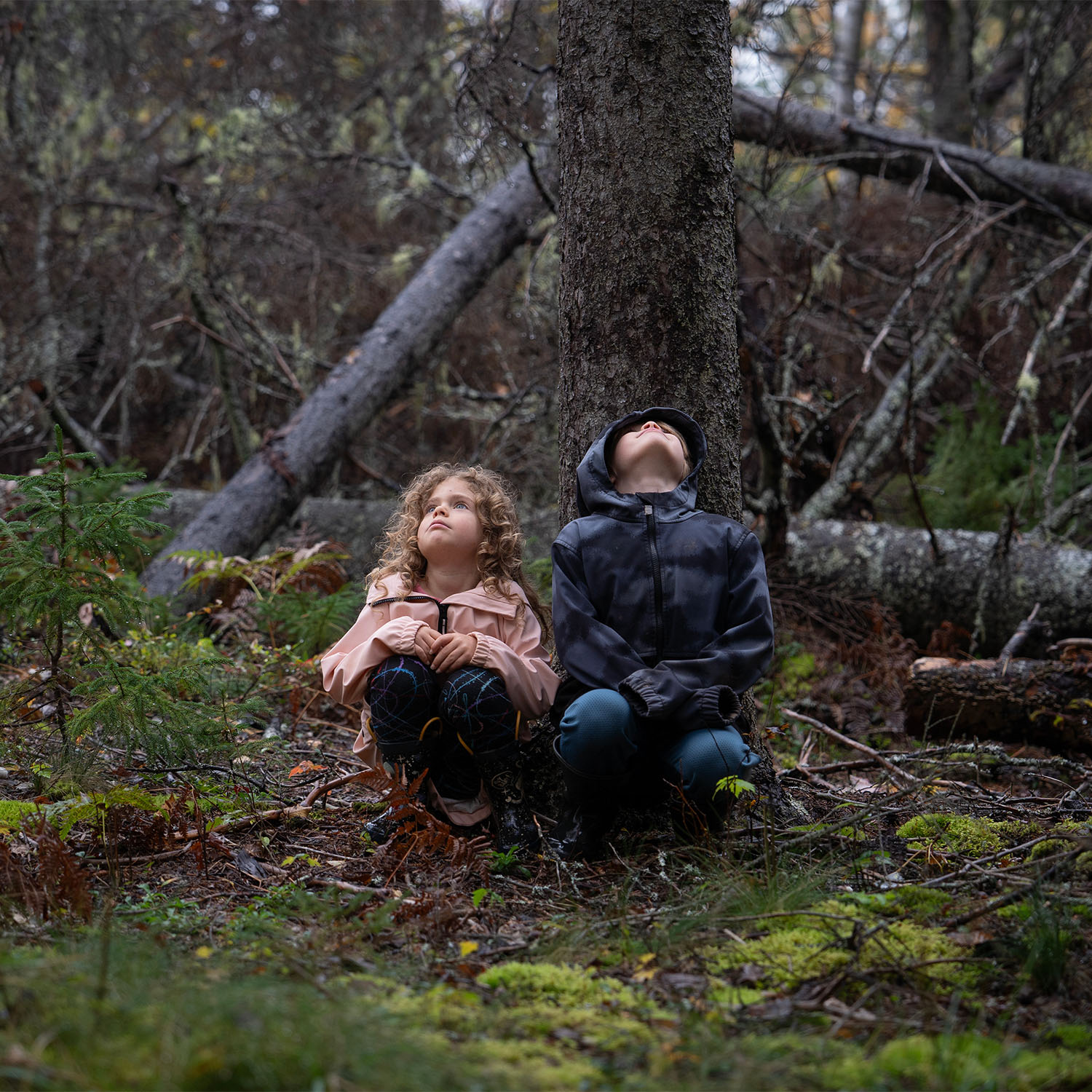 Two small children are huddled up next to the base of a tree in a dense forest.